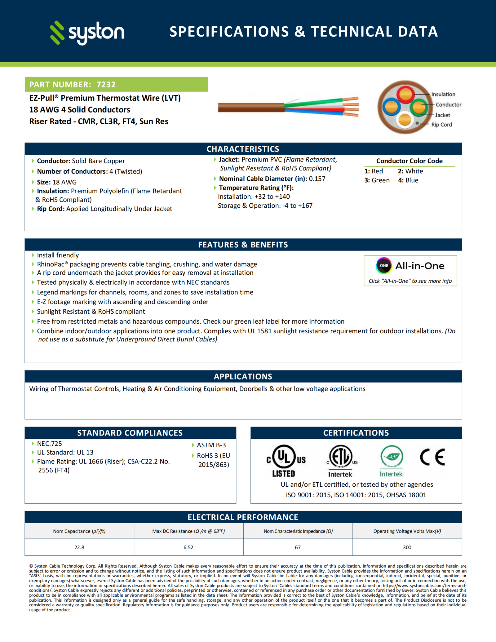 EZ-Pull Premium 18/4 Thermostat Wire<br/><br/>18 AWG, 4 Conductors, Solid Copper<br/>Riser Rated - CMR, CL3R, FT4, Sunlight Resistant - Image 2