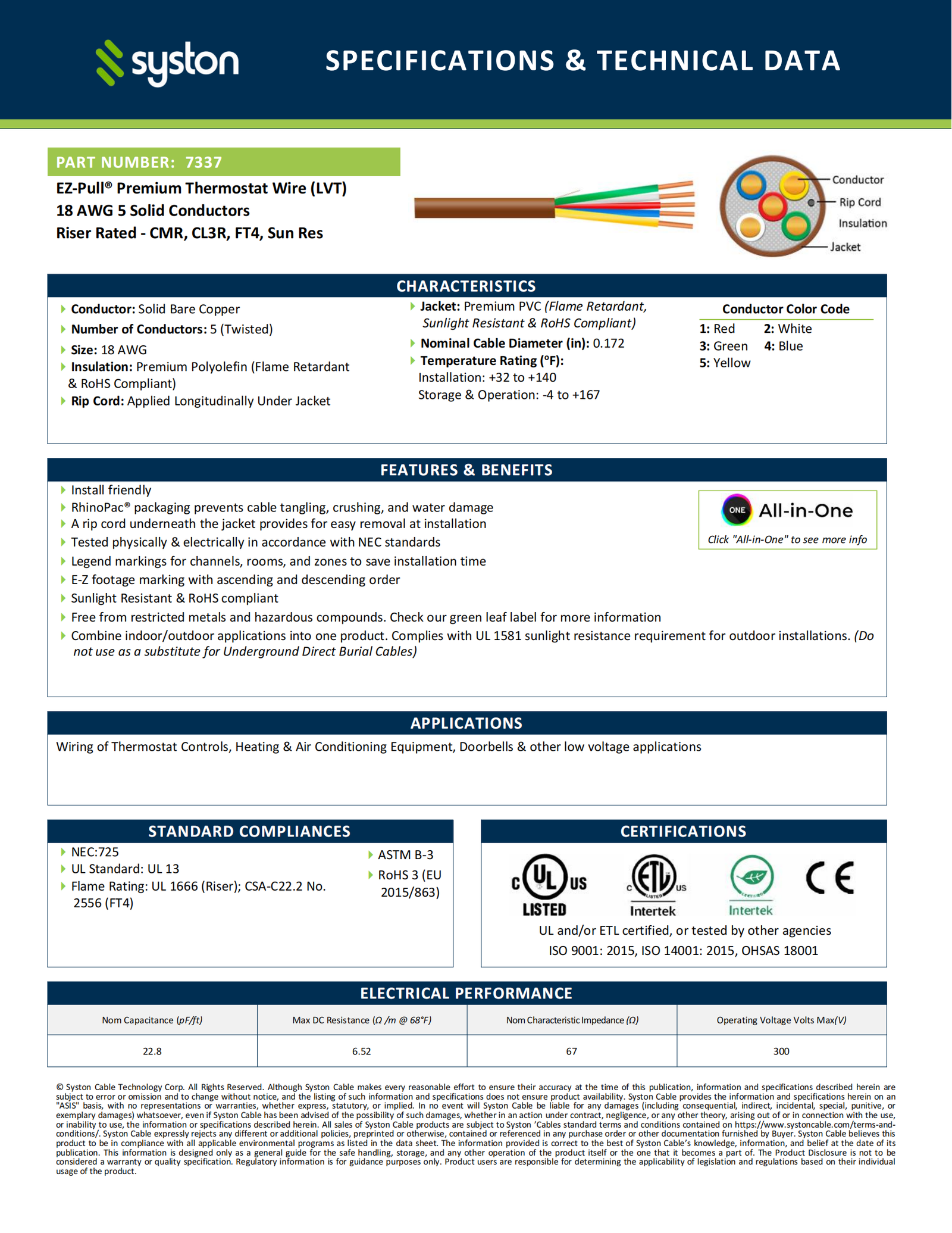 EZ-Pull Premium 18/5 Thermostat Wire<br/><br/>18 AWG, 5 Conductors, Solid Copper<br/>Riser Rated - CMR, CL3R, FT4, Sunlight Resistant - Image 2