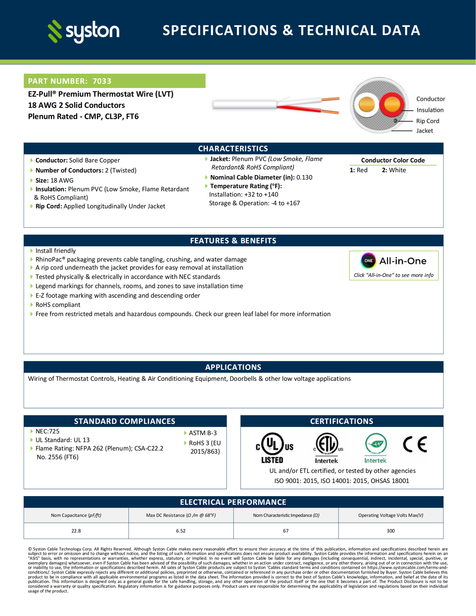 EZ-Pull Premium 18/2 Thermostat Wire (LVT)<br/><br/>18 AWG, 2 Conductors, Solid Copper<br/>Plenum Rated - CMP, CL3P, FT6 - Image 2