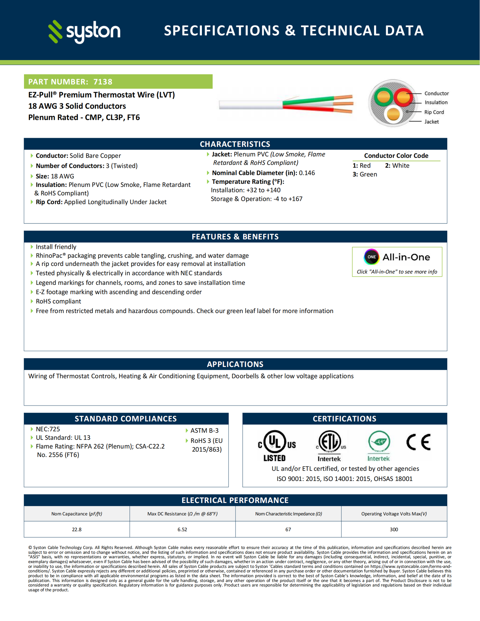 EZ-Pull Premium 18/3 Thermostat Wire<br/><br/>18 AWG, 3 Conductors, Solid Copper<br/>Plenum Rated - CMP, CL3P, FT6 - Image 2