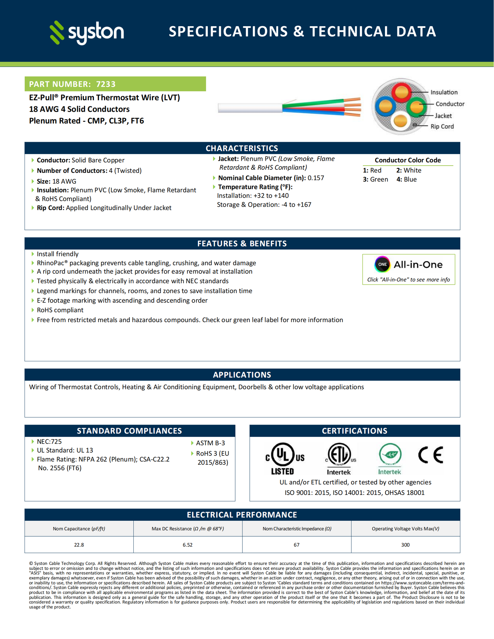 EZ-Pull Premium 18/4 Thermostat Wire<br/><br/>18 AWG, 4 Conductors, Solid Copper<br/>Plenum Rated - CMP, CL3P, FT6 - Image 2