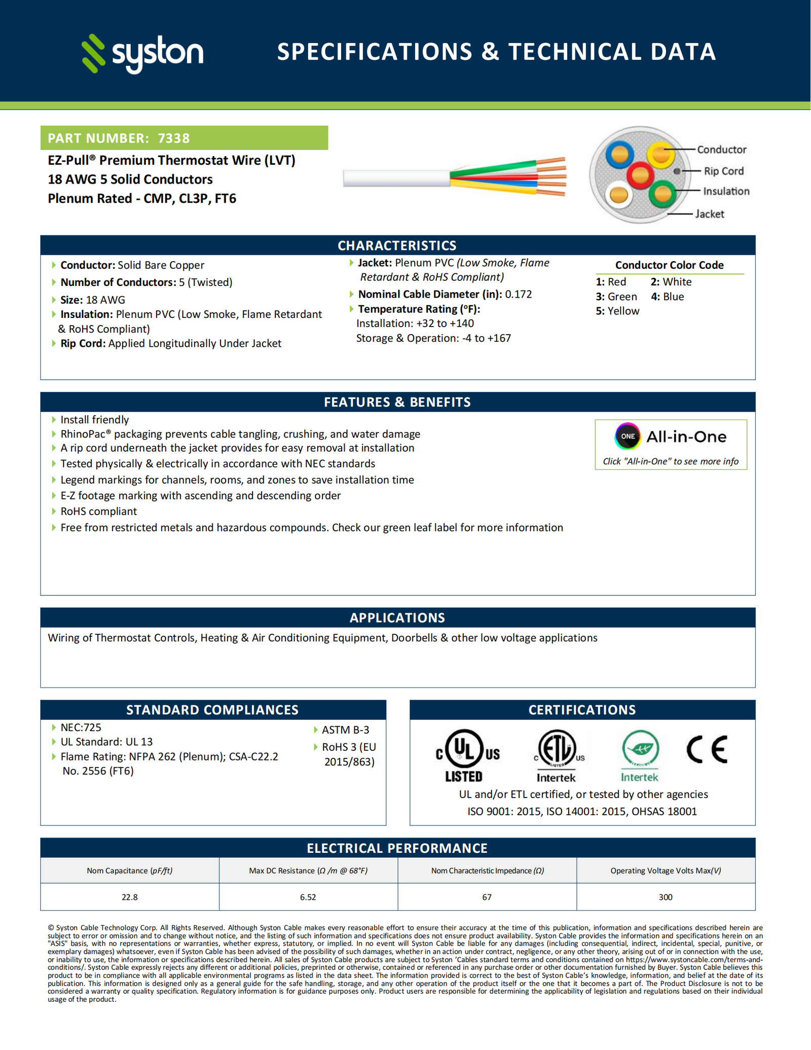 EZ-Pull Premium 18/5 Thermostat Wire<br/><br/>18 AWG, 5 Conductors, Solid Copper<br/>Plenum Rated - CMP, CL3P, FT6 - Image 2