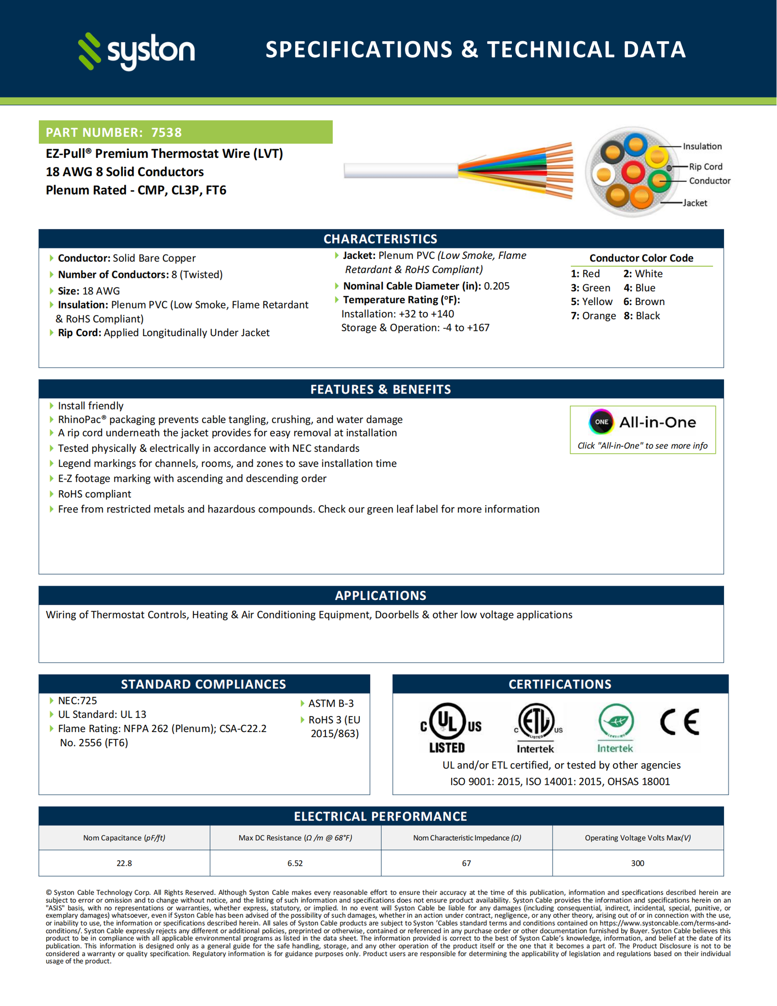 EZ-Pull Premium 18/8 Thermostat Wire<br/><br/>18 AWG, 8 Conductors, Solid Copper<br/>Plenum Rated - CMP, CL3P, FT6 - Image 2