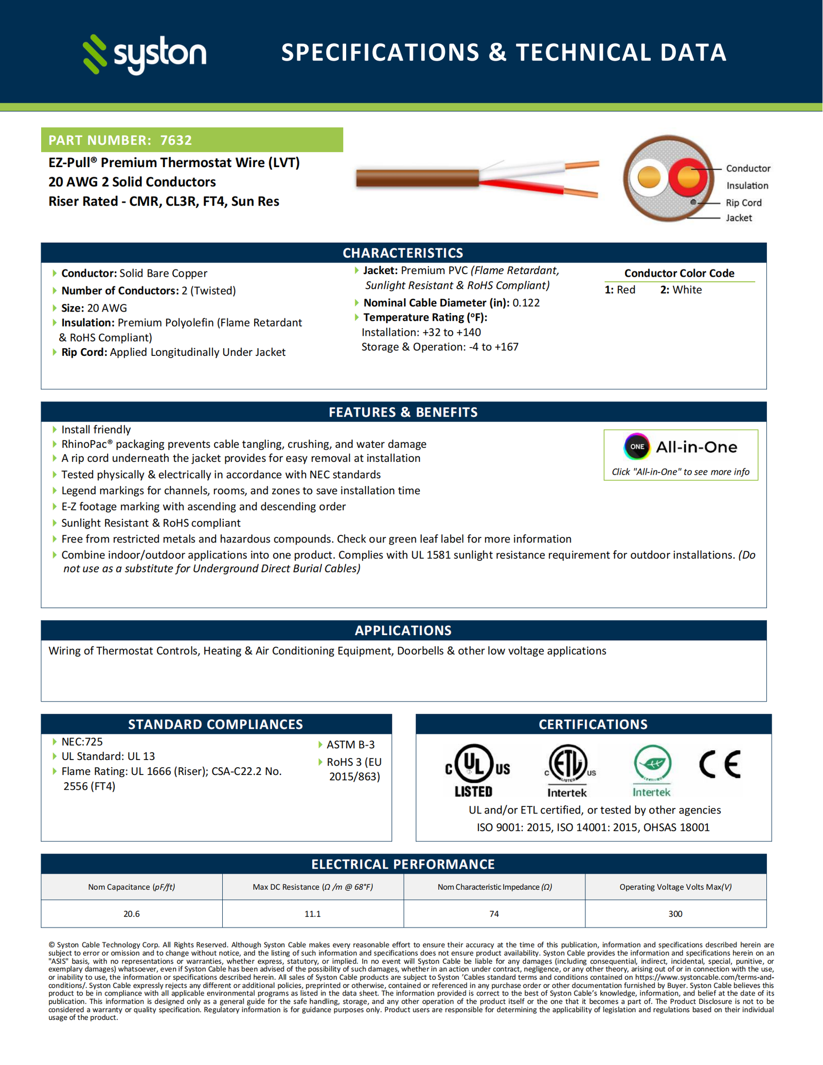 EZ-Pull Premium 20/2 Thermostat Wire<br/><br/>20 AWG, 2 Conductors, Solid Copper<br/>Riser Rated - CMR, CL3R, FT4, Sunlight Resistant - Image 2