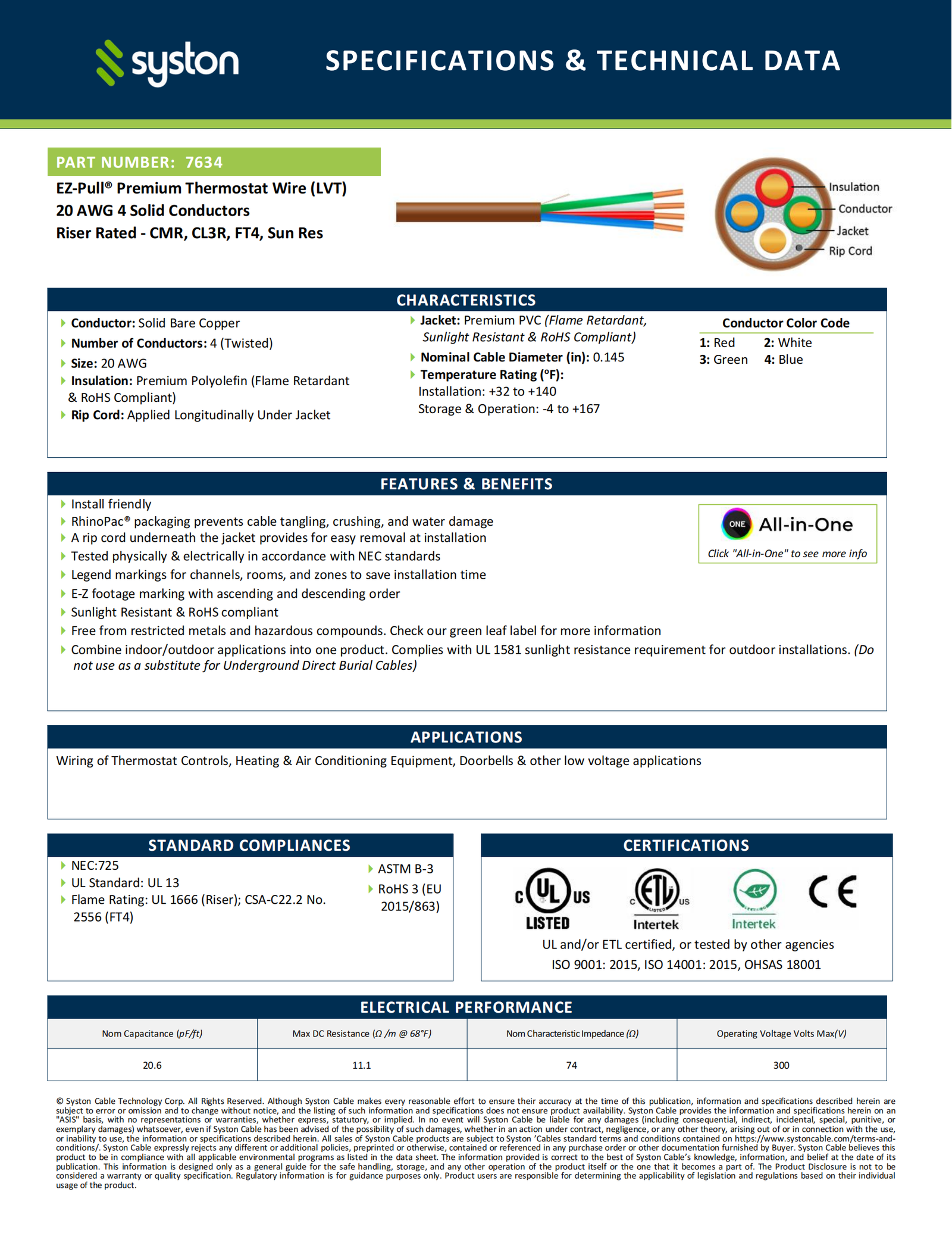 EZ-Pull Premium 20/4 Thermostat Wire<br/><br/>20 AWG, 4 Conductors, Solid Copper<br/>Riser Rated - CMR, CL3R, FT4, Sunlight Resistant - Image 2