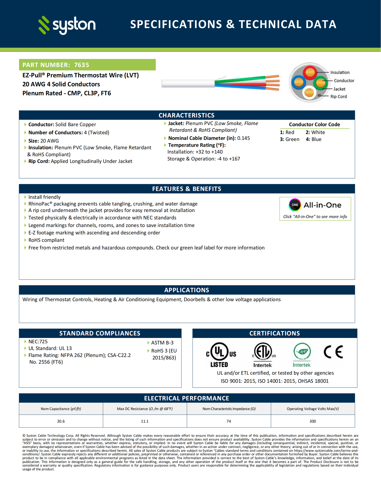 EZ-Pull Premium 20/4 Thermostat Wire<br/><br/>20 AWG, 4 Conductors, Solid Copper<br/>Plenum Rated - CMP, CL3P, FT6 - Image 2