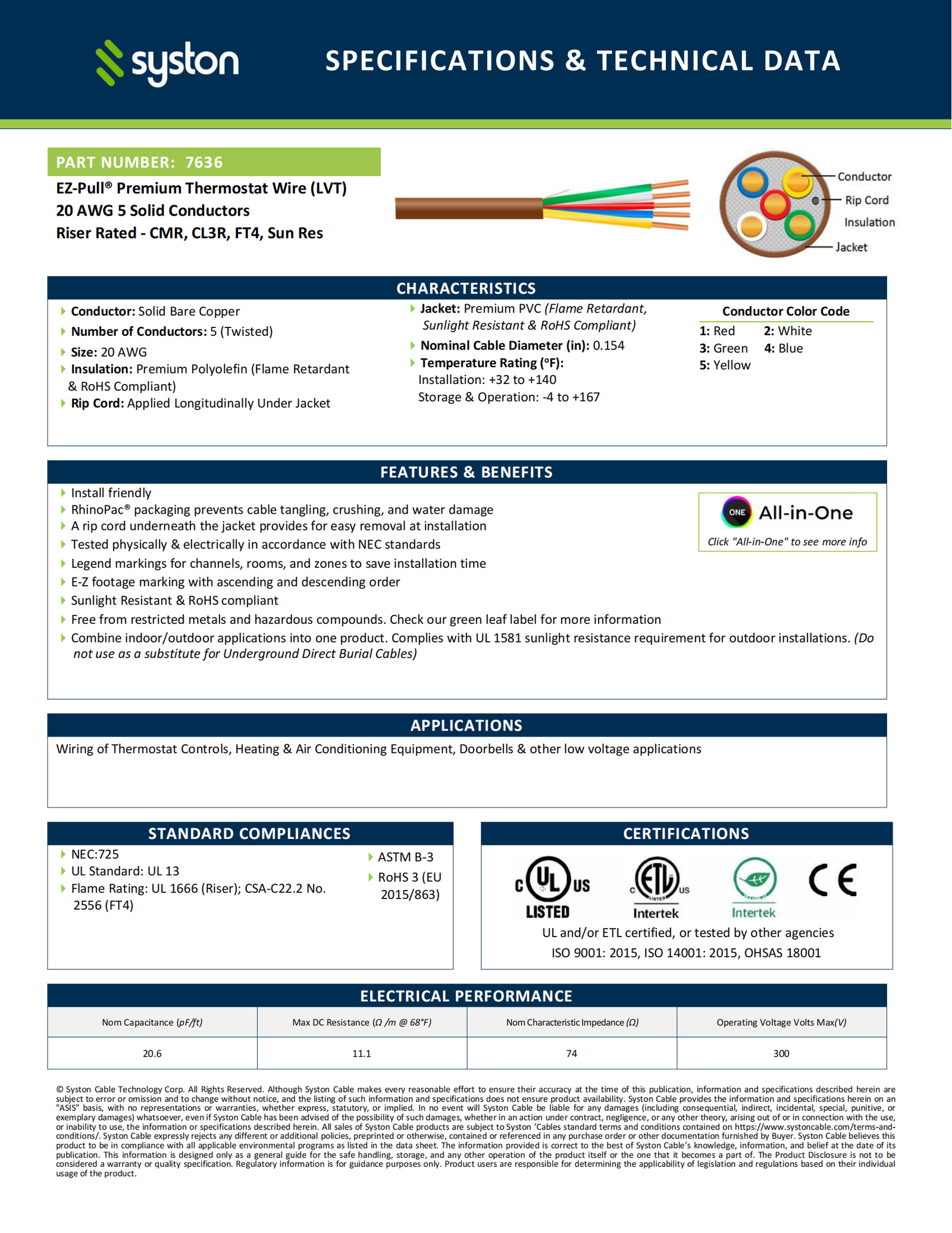 EZ-Pull Premium 20/5 Thermostat Wire<br/><br/>20 AWG, 5 Conductors, Solid Copper<br/>Riser Rated - CMR, CL3R, FT4, Sunlight Resistant - Image 2