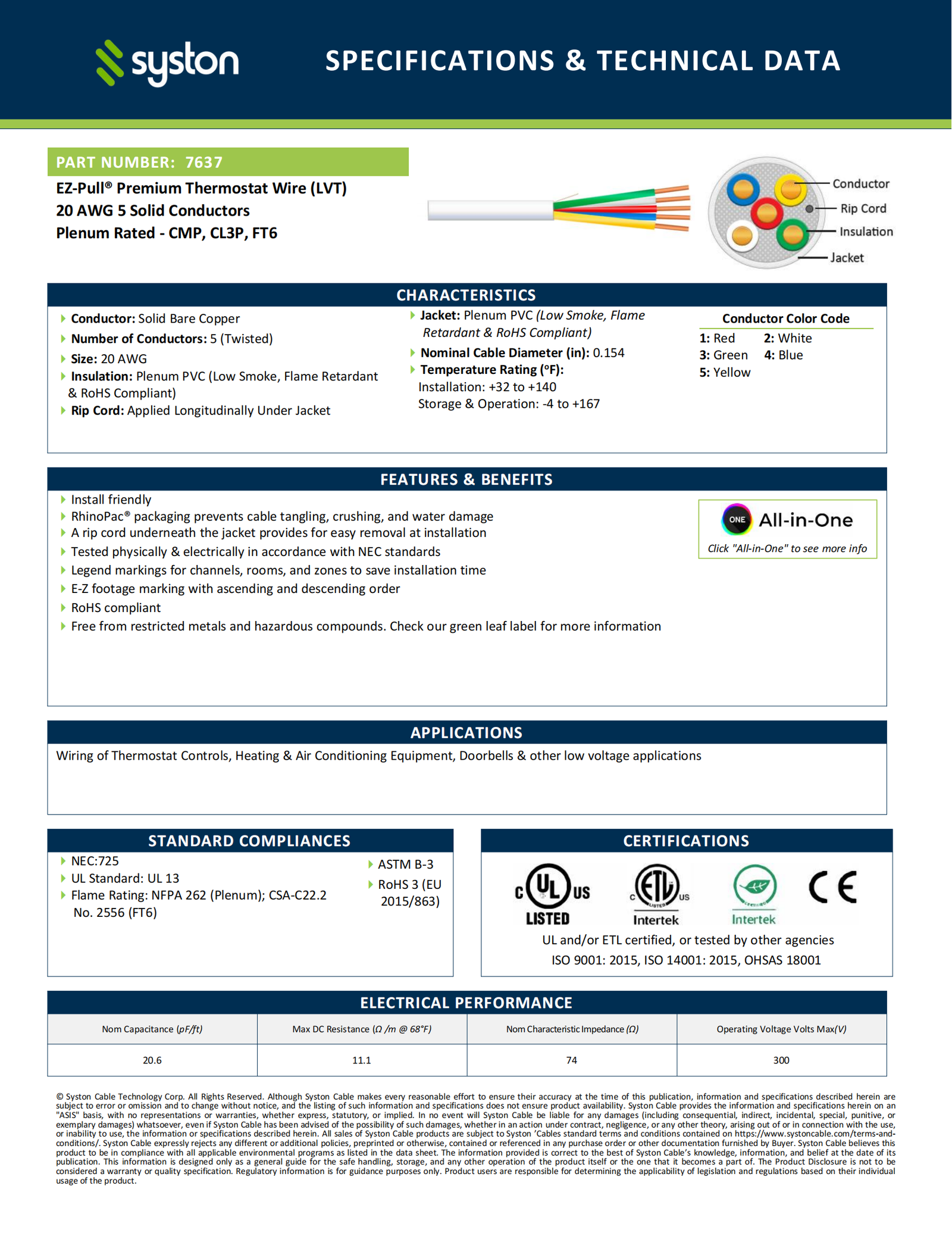 EZ-Pull Premium 20/5 Thermostat Wire<br/><br/>20 AWG, 5 Conductors, Solid Copper<br/>Plenum Rated - CMP, CL3P, FT6 - Image 2