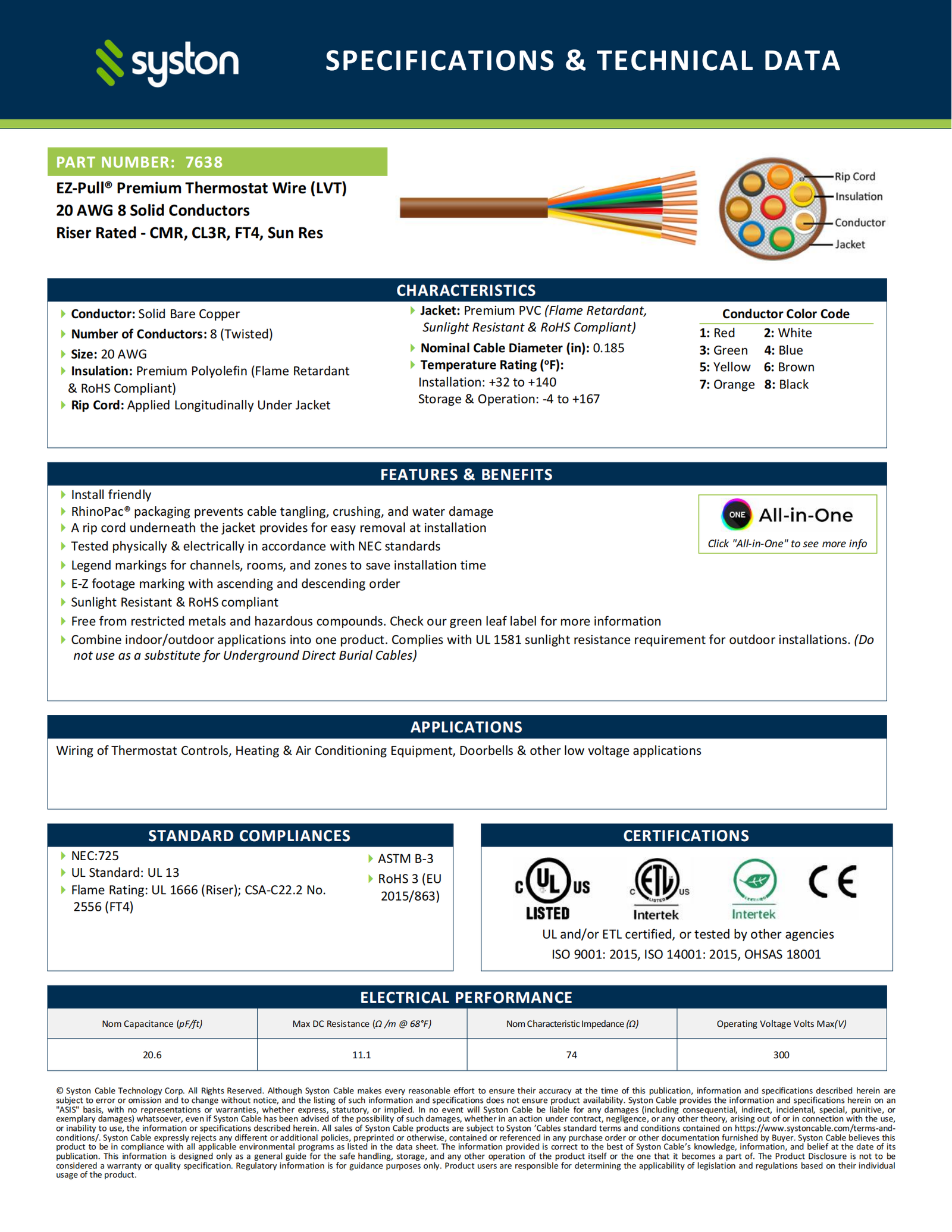EZ-Pull Premium 20/8 Thermostat Wire<br/><br/>20 AWG, 8 Conductors, Solid Copper<br/>Riser Rated - CMR, CL3R, FT4, Sunlight Resistant - Image 2