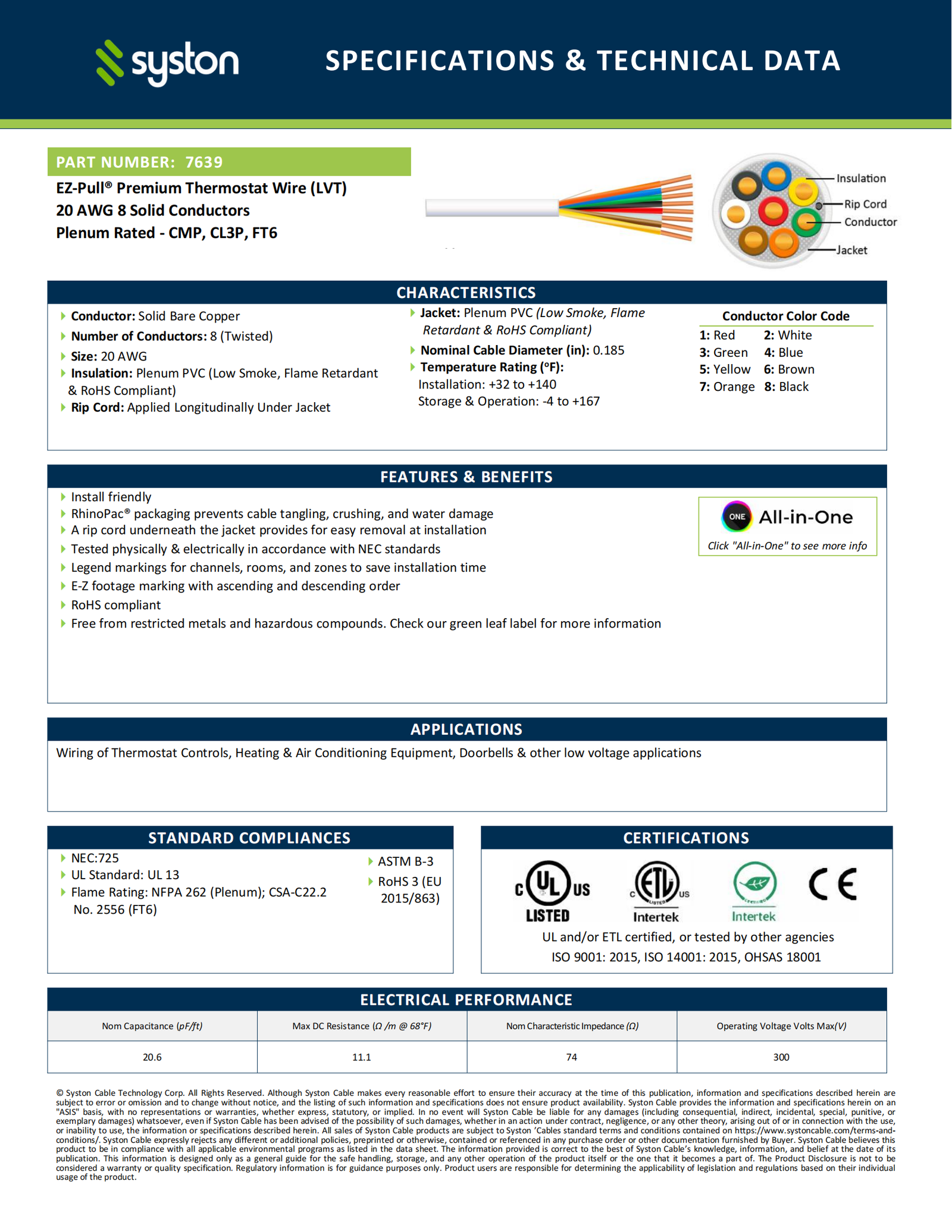 EZ-Pull Premium 20/8 Thermostat Wire<br/><br/>20 AWG, 8 Conductors, Solid Copper<br/>Plenum Rated - CMP, CL3P, FT6 - Image 2