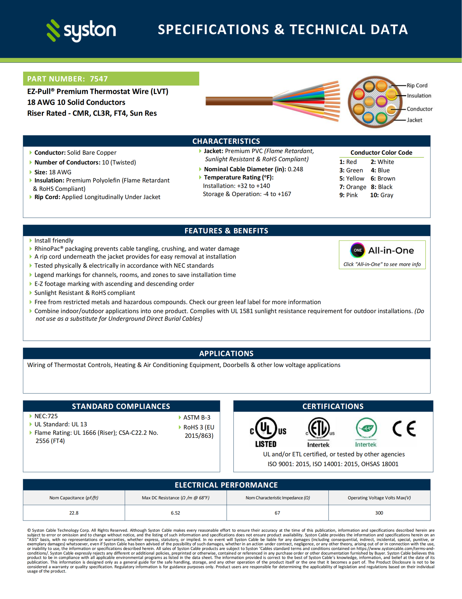 EZ-Pull Premium 18/10 Thermostat Wire<br/><br/>18 AWG, 10 Conductors, Solid Copper<br/>Riser Rated - CMR, CL3R, FT4, Sunlight Resistant - Image 2
