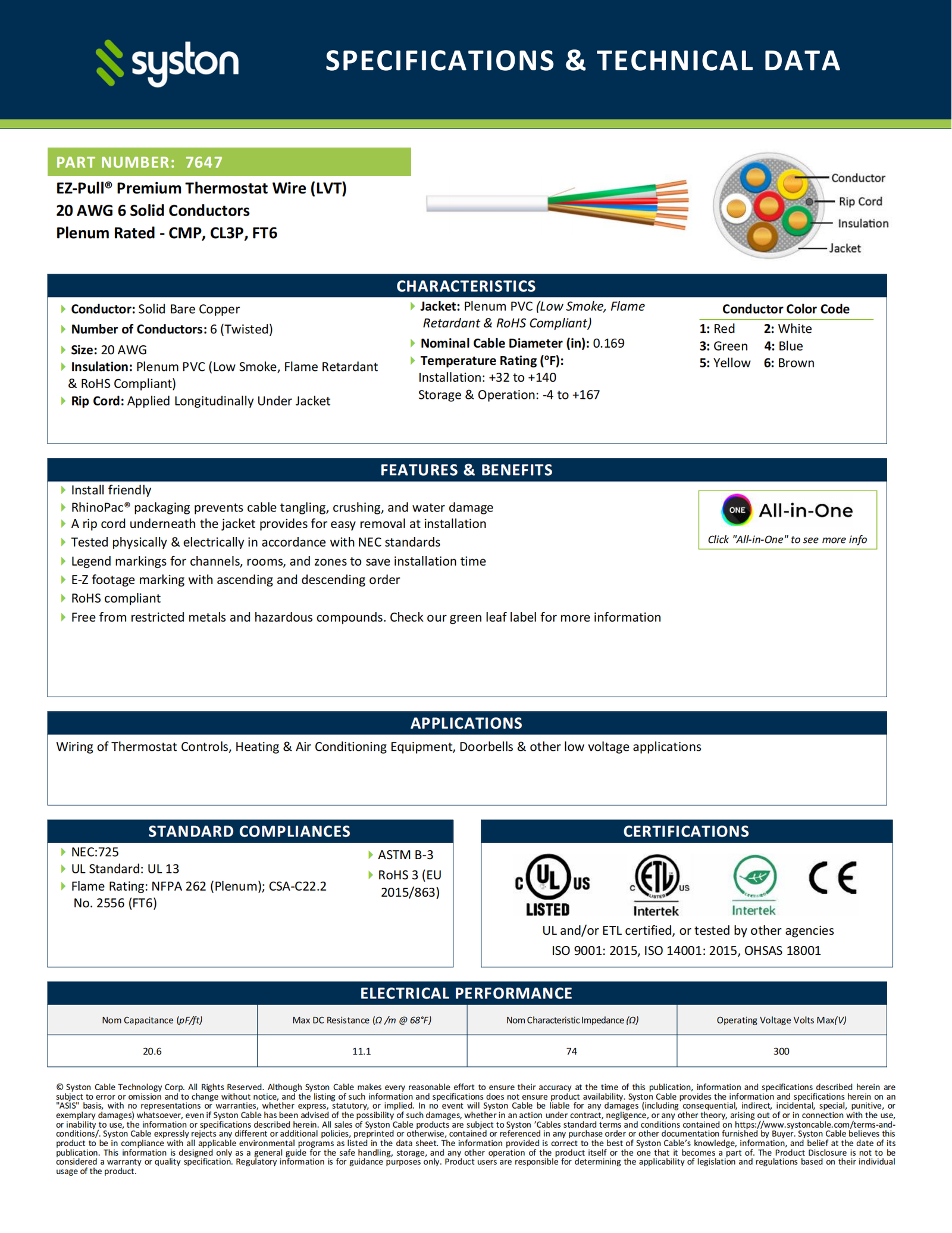 EZ-Pull Premium 20/6 Thermostat Wire<br/><br/>20 AWG, 6 Conductors, Solid Copper<br/>Plenum Rated - CMP, CL3P, FT6 - Image 2