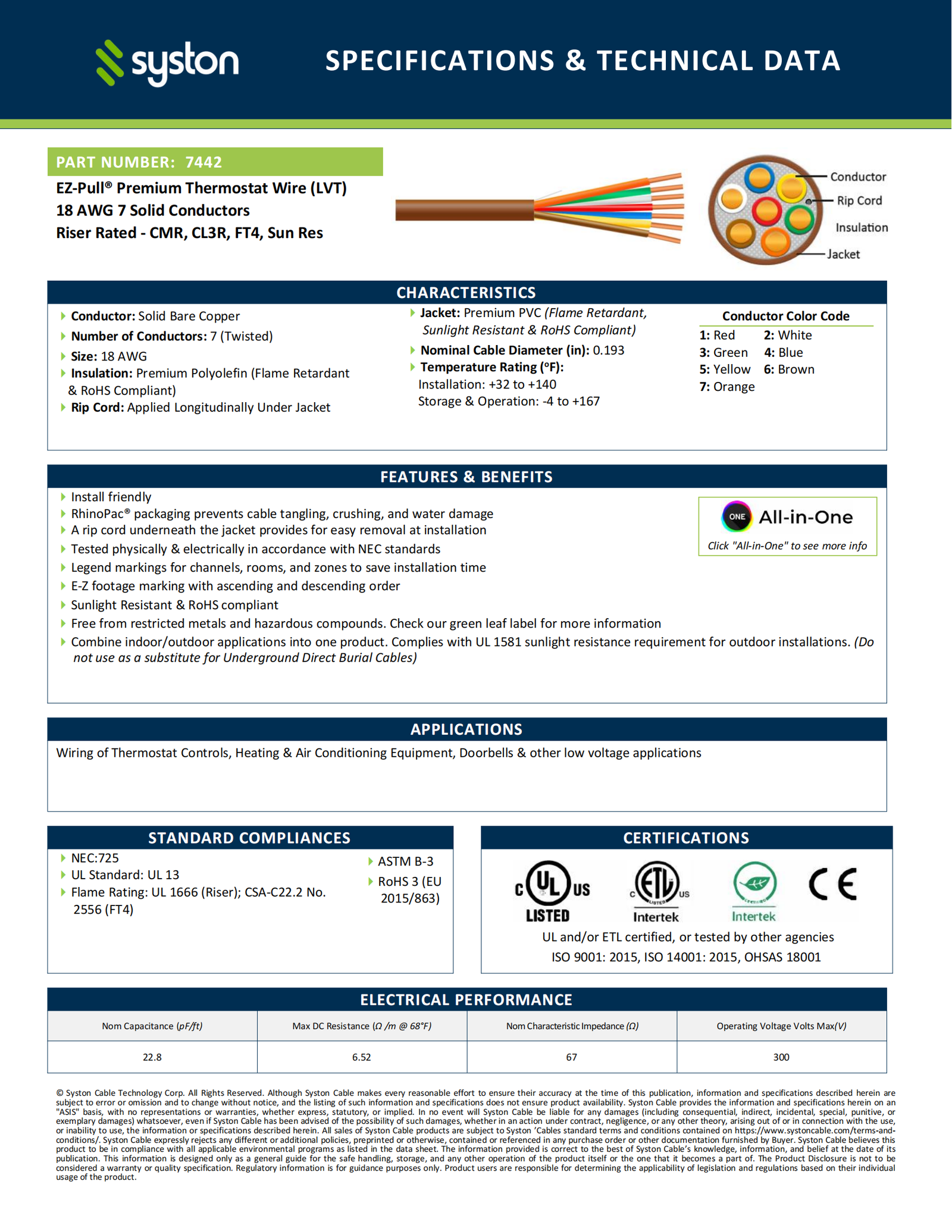 EZ-Pull Premium 18/7 Thermostat Wire<br/><br/>18 AWG, 7 Conductors, Solid Copper<br/>Riser Rated - CMR, CL3R, FT4, Sunlight Resistant - Image 2