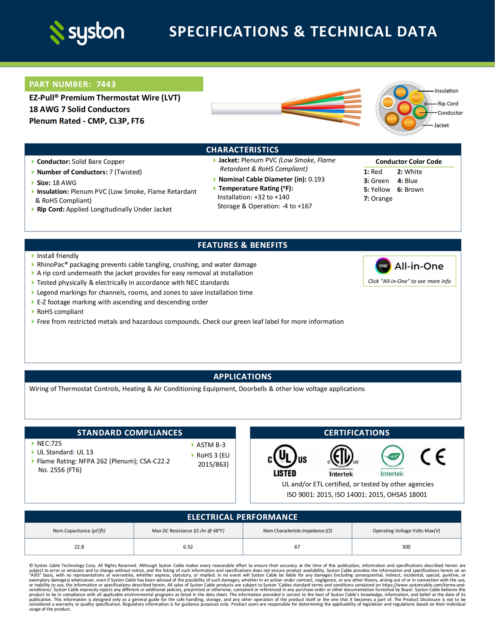EZ-Pull Premium 18/7 Thermostat Wire<br/><br/>18 AWG, 7 Conductors, Solid Copper<br/>Plenum Rated - CMP, CL3P, FT6 - Image 2