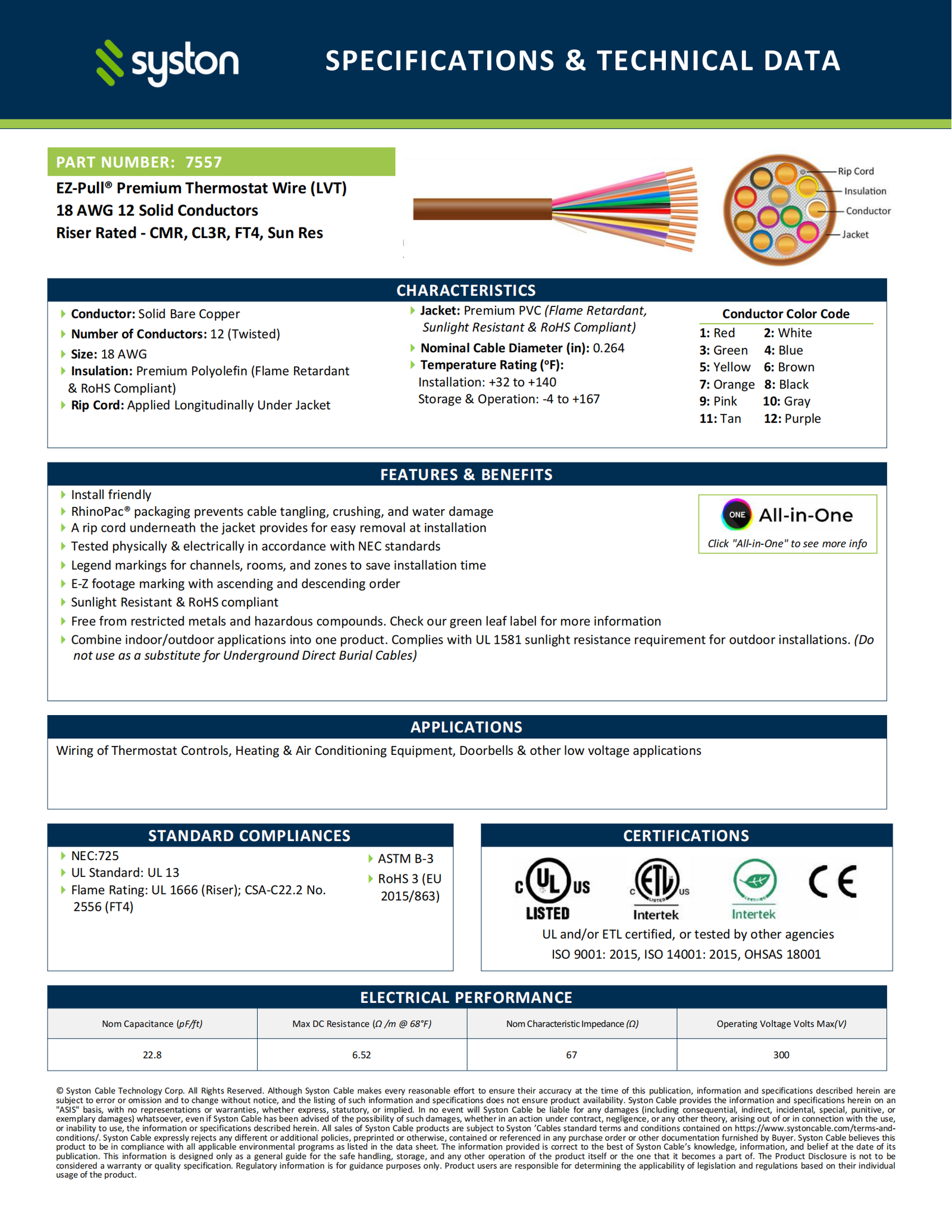 EZ-Pull Premium 18/12 Thermostat Wire<br/><br/>18 AWG, 12 Conductors, Solid Copper<br/>Riser Rated - CMR, CL3R, FT4, Sunlight Resistant - Image 2