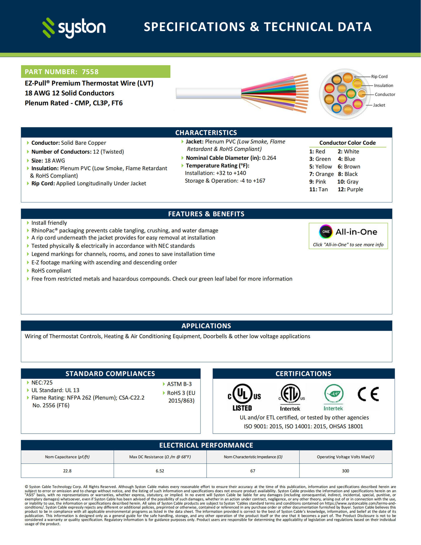 EZ-Pull Premium 18/12 Thermostat Wire<br/><br/>18 AWG, 12 Conductors, Solid Copper<br/>Plenum Rated - CMP, CL3P, FT6 - Image 2