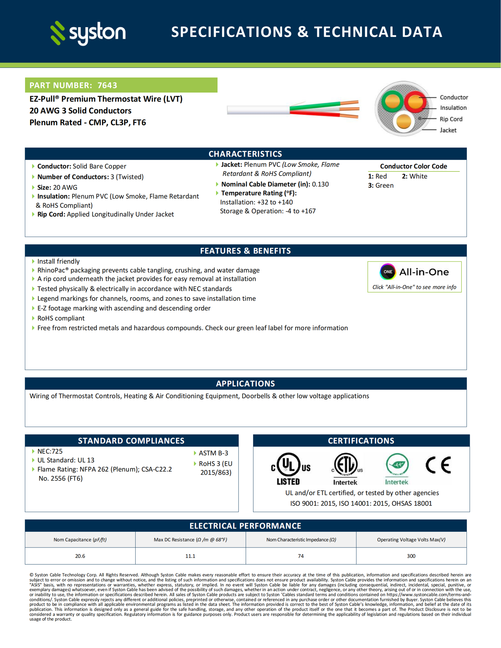EZ-Pull Premium 20/3 Thermostat Wire<br/><br/>20 AWG, 3 Conductors, Solid Copper<br/>Plenum Rated - CMP, CL3P, FT6 - Image 2