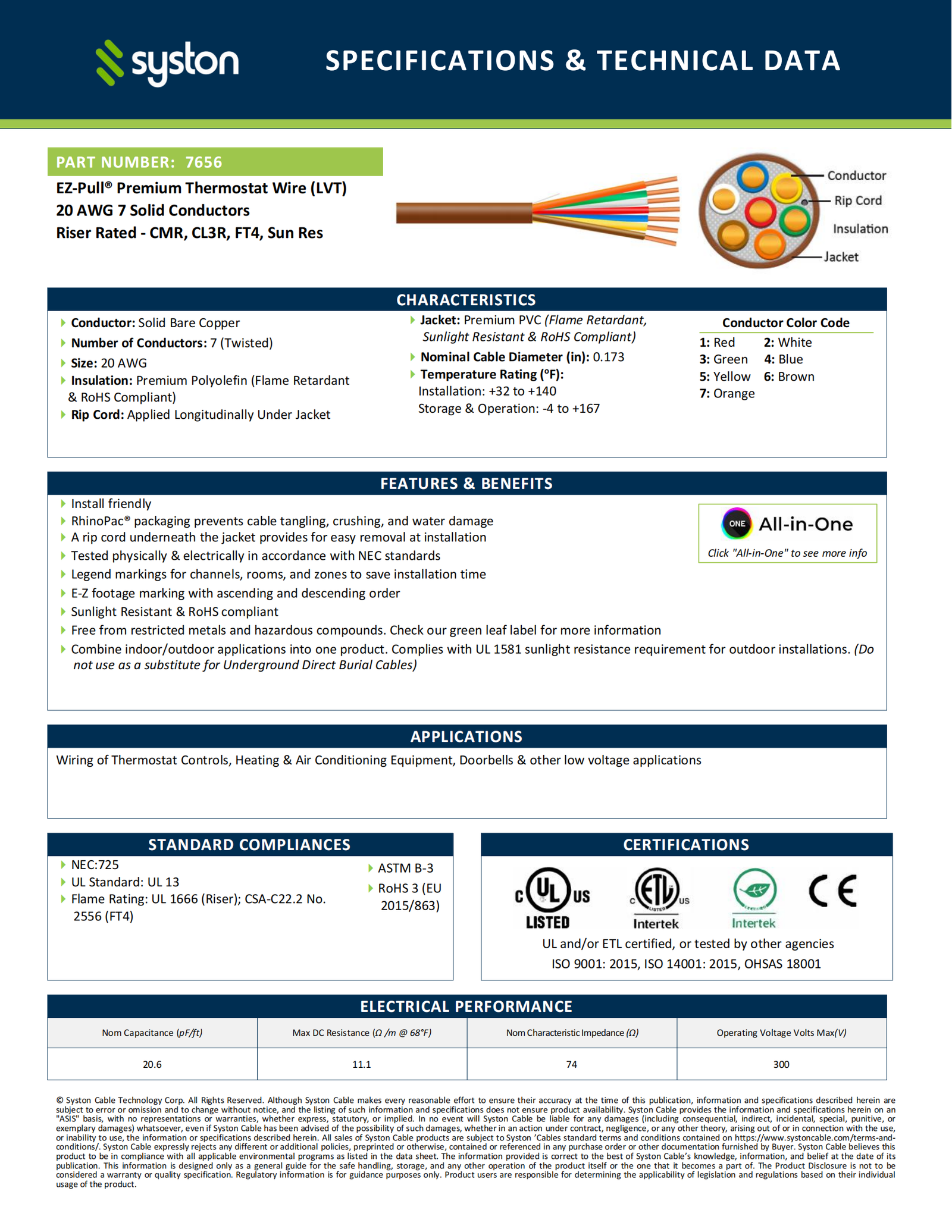 EZ-Pull Premium 20/7 Thermostat Wire<br/><br/>20 AWG, 7 Conductors, Solid Copper<br/>Riser Rated - CMR, CL3R, FT4, Sunlight Resistant - Image 2